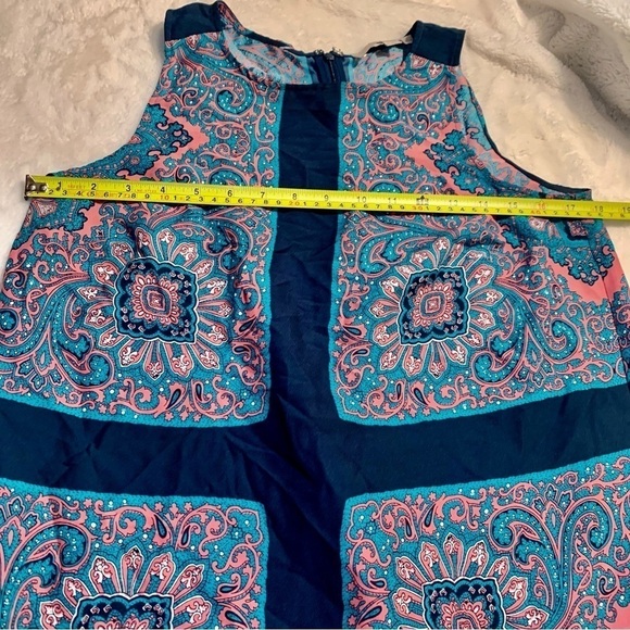 LOFT Sheath Dress Small Teal Pink Navy Sleeveless Lightweight Patterned Back Zip - Picture 12 of 14